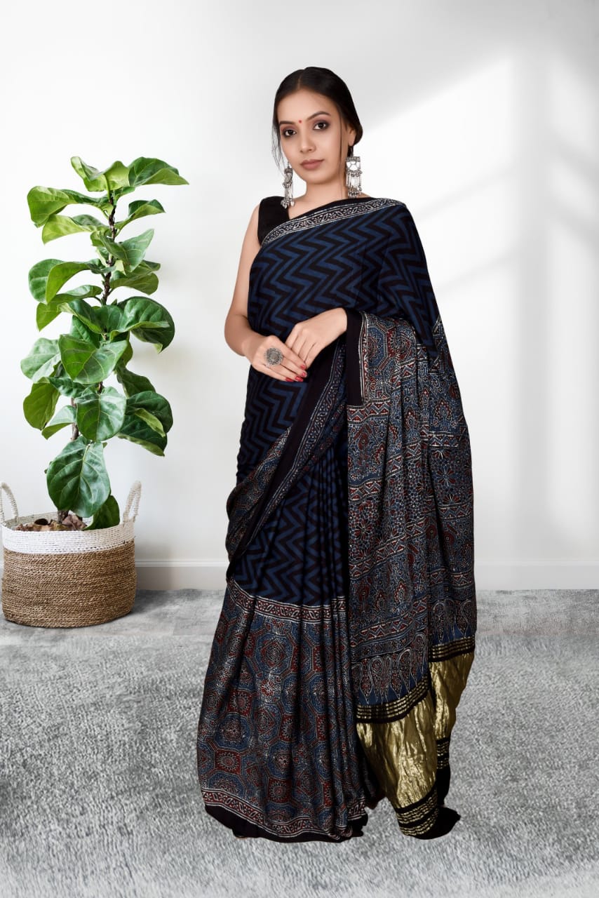 Handcrafted modal silk saree with traditional Ajrakh prints and Hand  Weaving in vegetable dyes