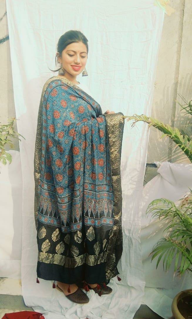 Handcrafted modal silk saree with traditional Ajrakh prints in vegetable  dyes