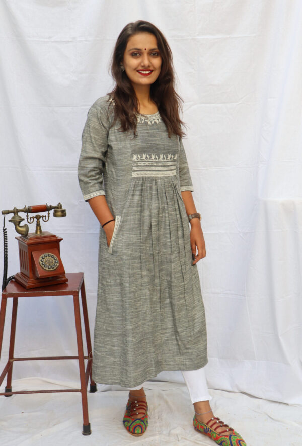 South Cotton Hand weaving A line Kurti with Neck work and Pocket