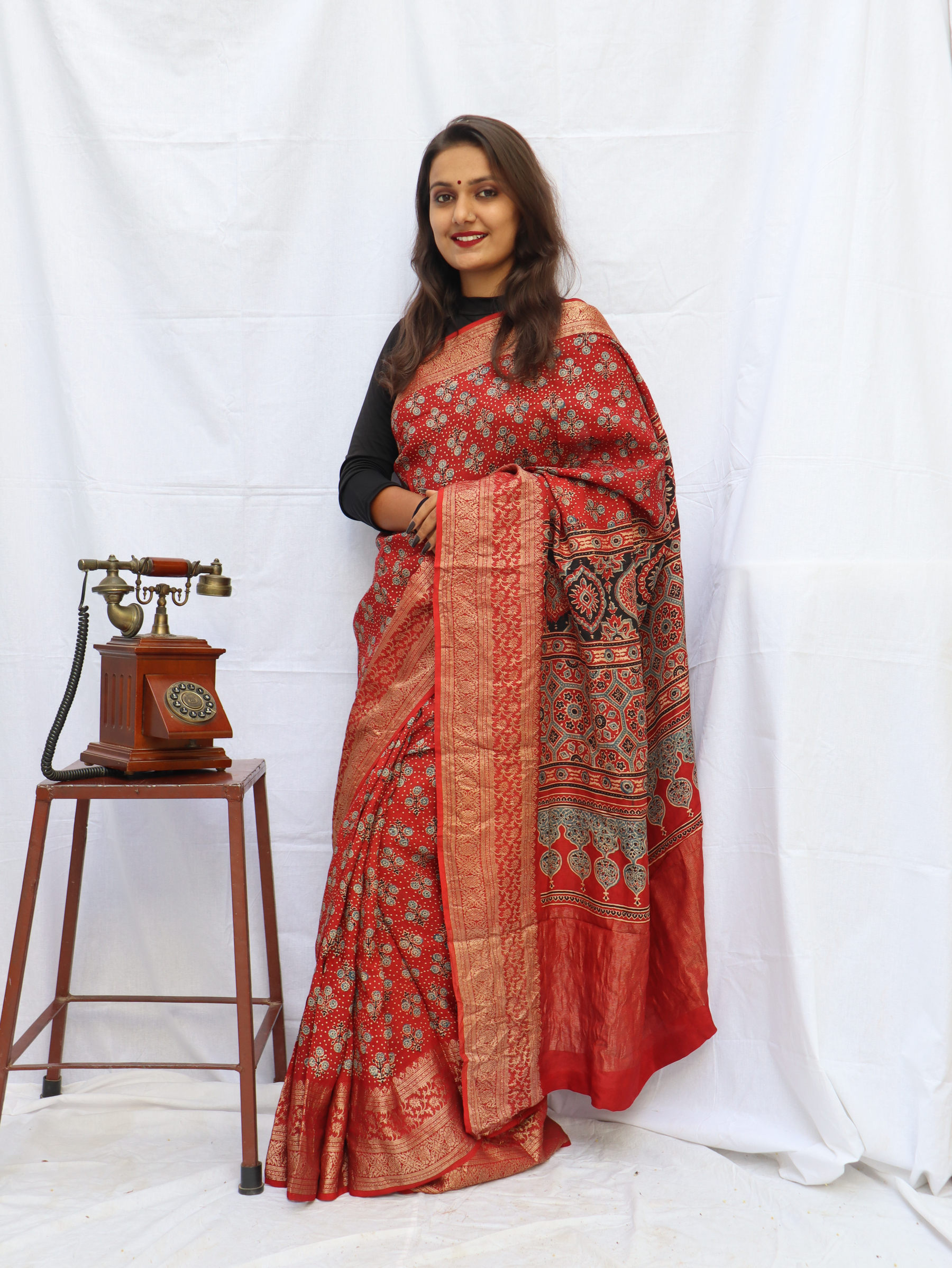 Handcrafted modal silk saree with traditional Ajrakh prints and Hand  Weaving in vegetable dyes