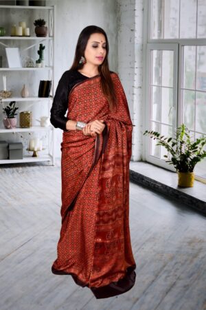 HANDCRAFTED MODAL SILK SAREE WITH TRADITIONAL AJRAKH PRINTS IN VEGETABLE DYES