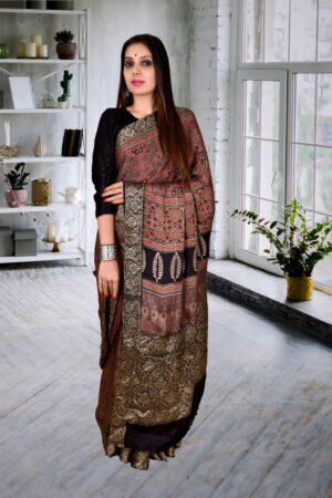 HANDCRAFTED MODAL SILK SAREE WITH TRADITIONAL AJRAKH PRINTS AND HAND WEAVING IN VEGETABLE DYES