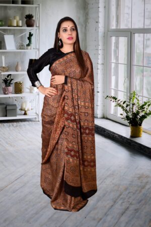 HANDCRAFTED MODAL SILK SAREE WITH TRADITIONAL AJRAKH PRINTS IN VEGETABLE DYES