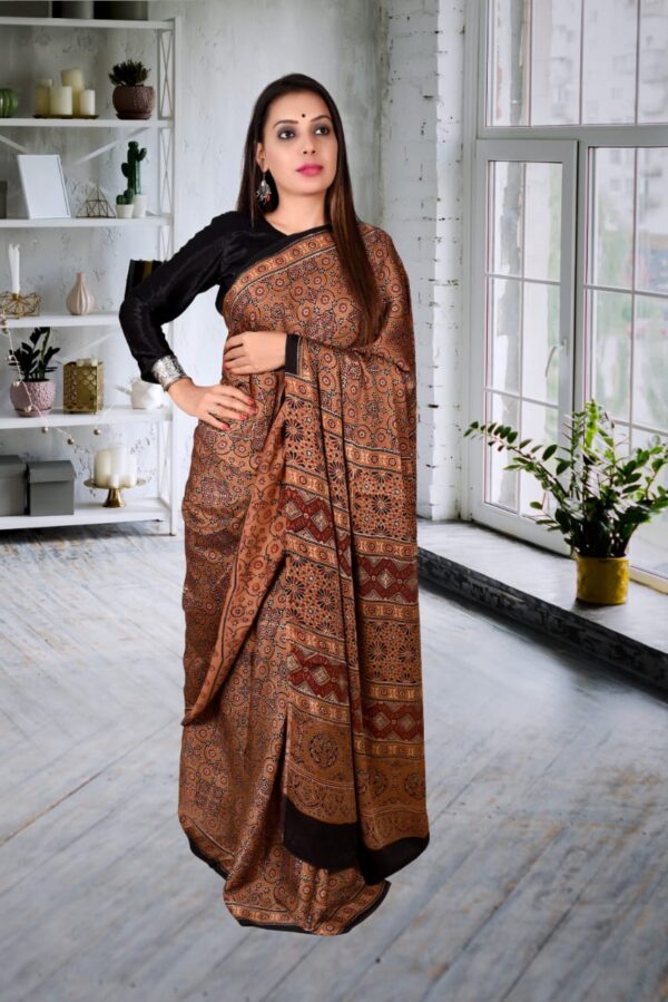 HANDCRAFTED MODAL SILK SAREE WITH TRADITIONAL AJRAKH PRINTS IN VEGETABLE DYES