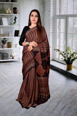 HANDCRAFTED MODAL SILK SAREE WITH TRADITIONAL AJRAKH PRINTS IN VEGETABLE DYES