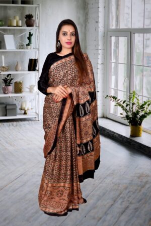 HANDCRAFTED MODAL SILK SAREE WITH TRADITIONAL AJRAKH PRINTS IN VEGETABLE DYES