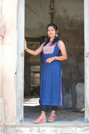 Indigo Handwork Mirror Kneelength Kurti with attached sleeves