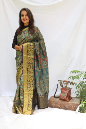 HANDCRAFTED CHANDERI SILK WEAVING SAREE WITH TRADITIONAL AJRAKH PRINTS IN VEGETABLE DYES