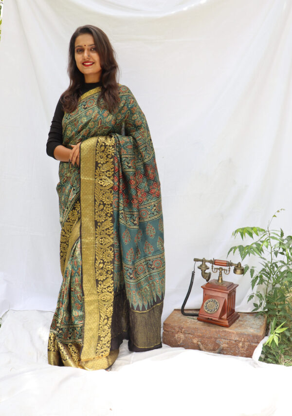 HANDCRAFTED CHANDERI SILK WEAVING SAREE WITH TRADITIONAL AJRAKH PRINTS IN VEGETABLE DYES