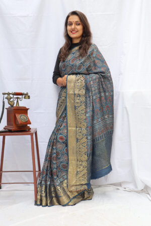 HANDCRAFTED CHANDERI SILK WEAVING SAREE WITH TRADITIONAL AJRAKH PRINTS IN VEGETABLE DYES