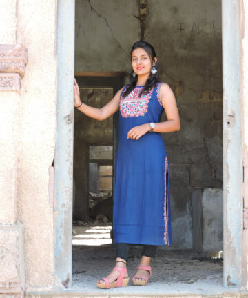 Indigo Handwork Mirror Kneelength Kurti with attached sleeves