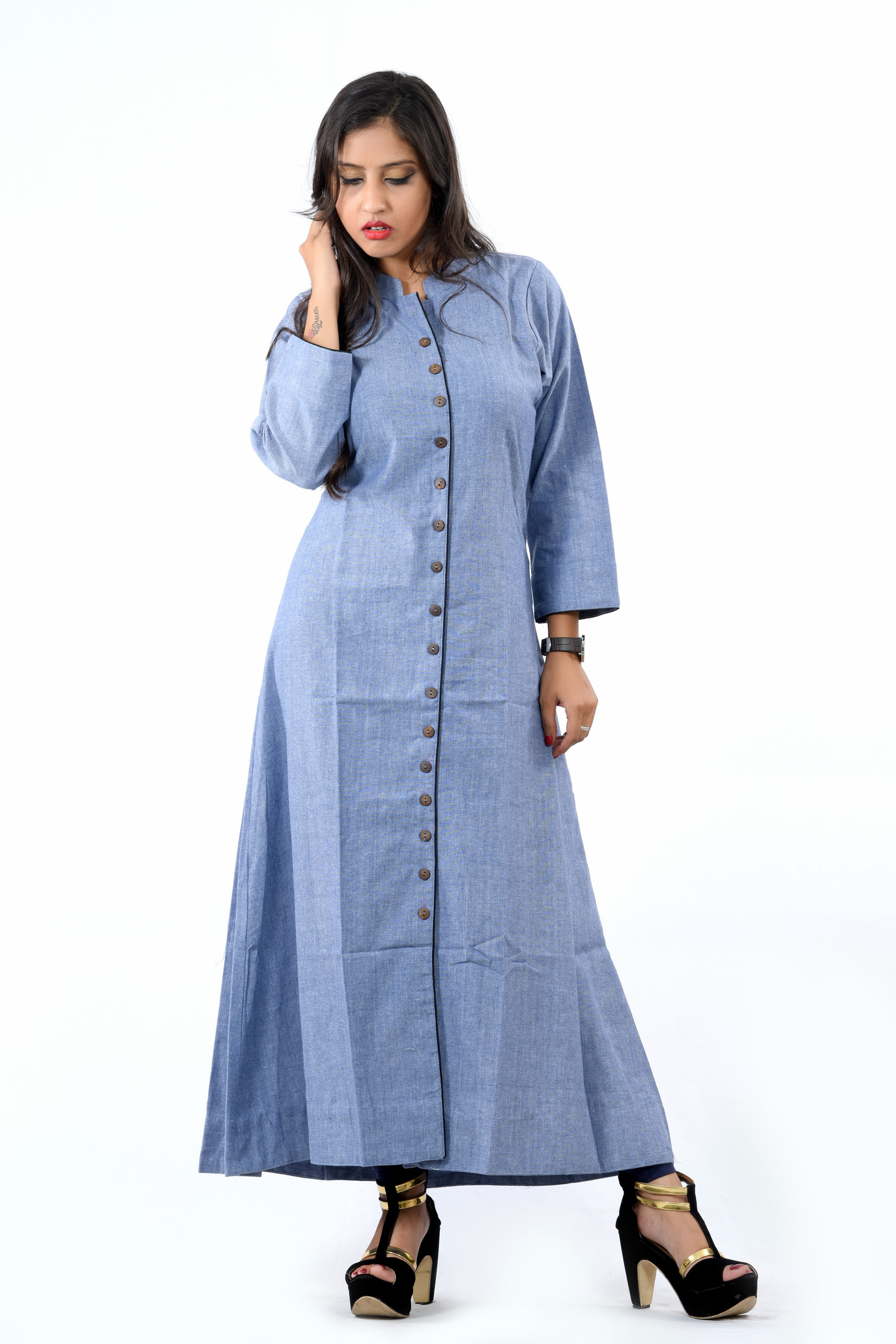 Simply Elegant Denim Cotton A Line Kurti - Medium