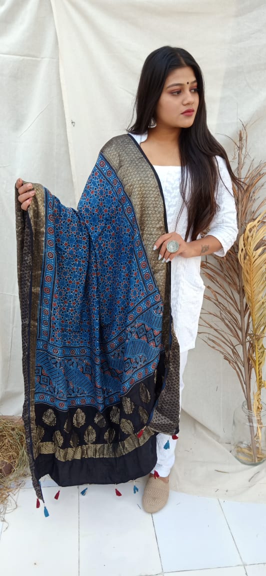 Ajarakh Hand Print Chanderi Silk weaving Dupatta with Tassels