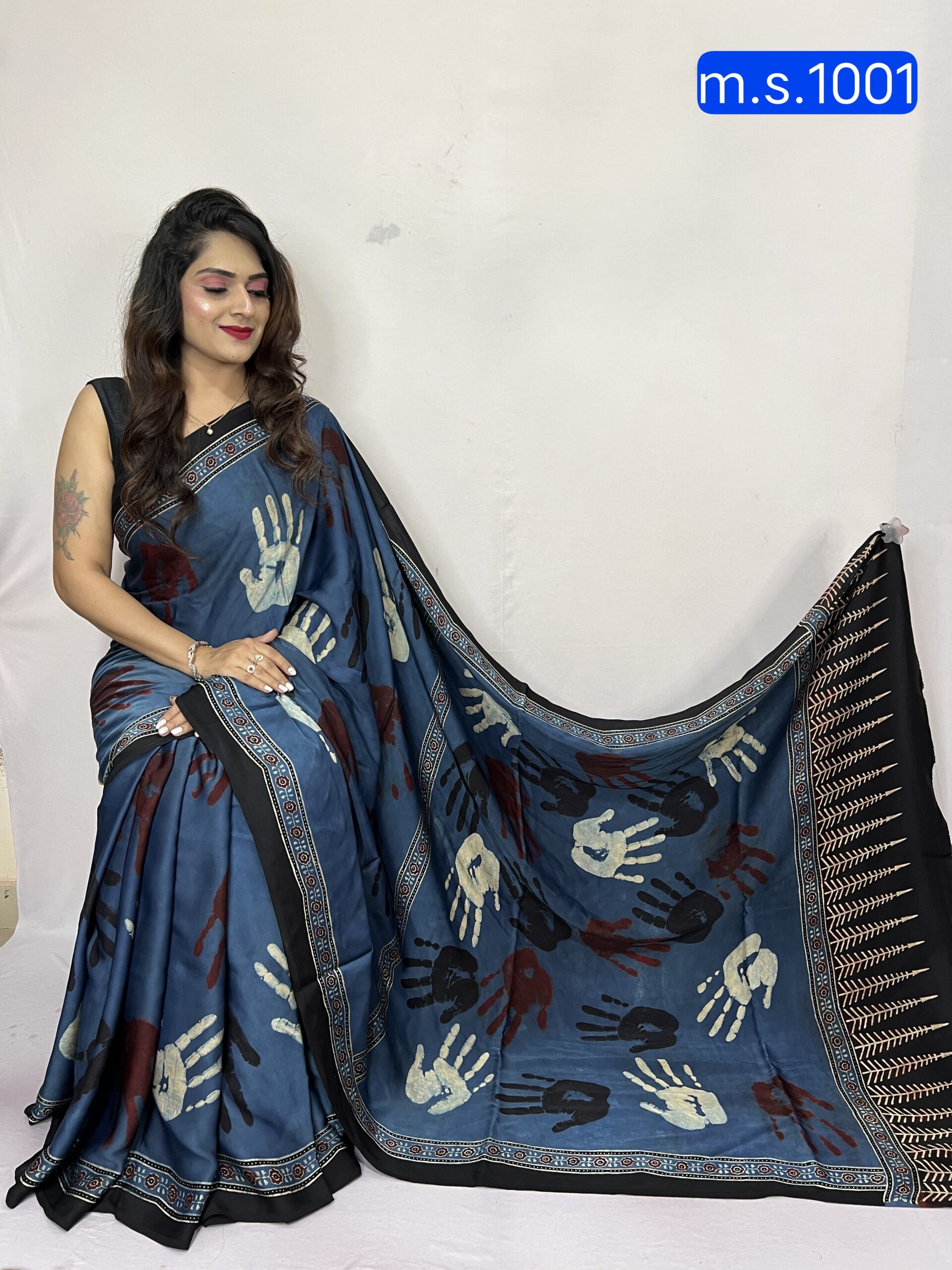 HANDCRAFTED MODAL SILK SAREE WITH TRADITIONAL AJRAKH PRINTS IN VEGETABLE DYES (Copy)