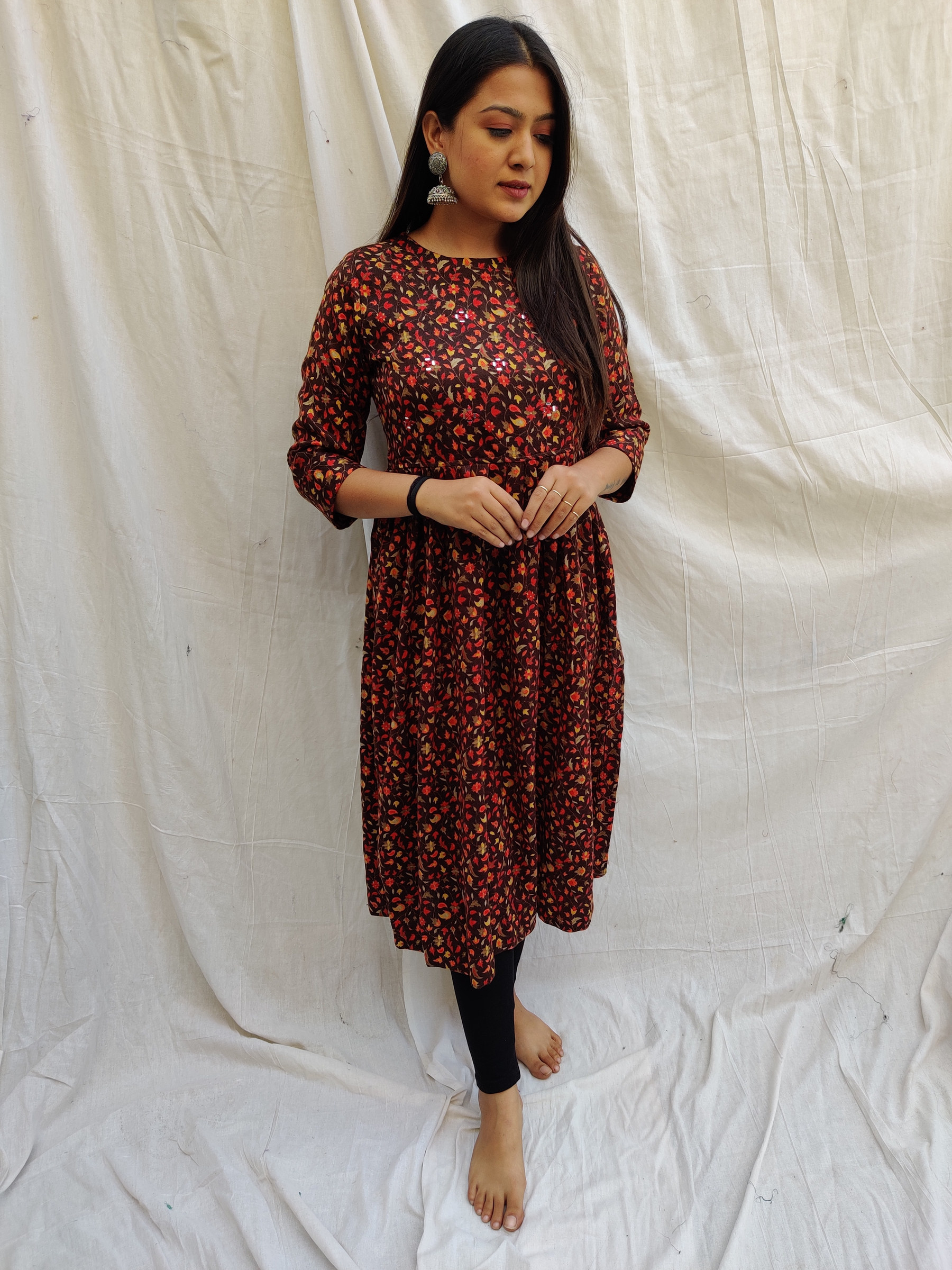 Kalamkari Hand Printed Floral Kurti With neck Mirror work - Small