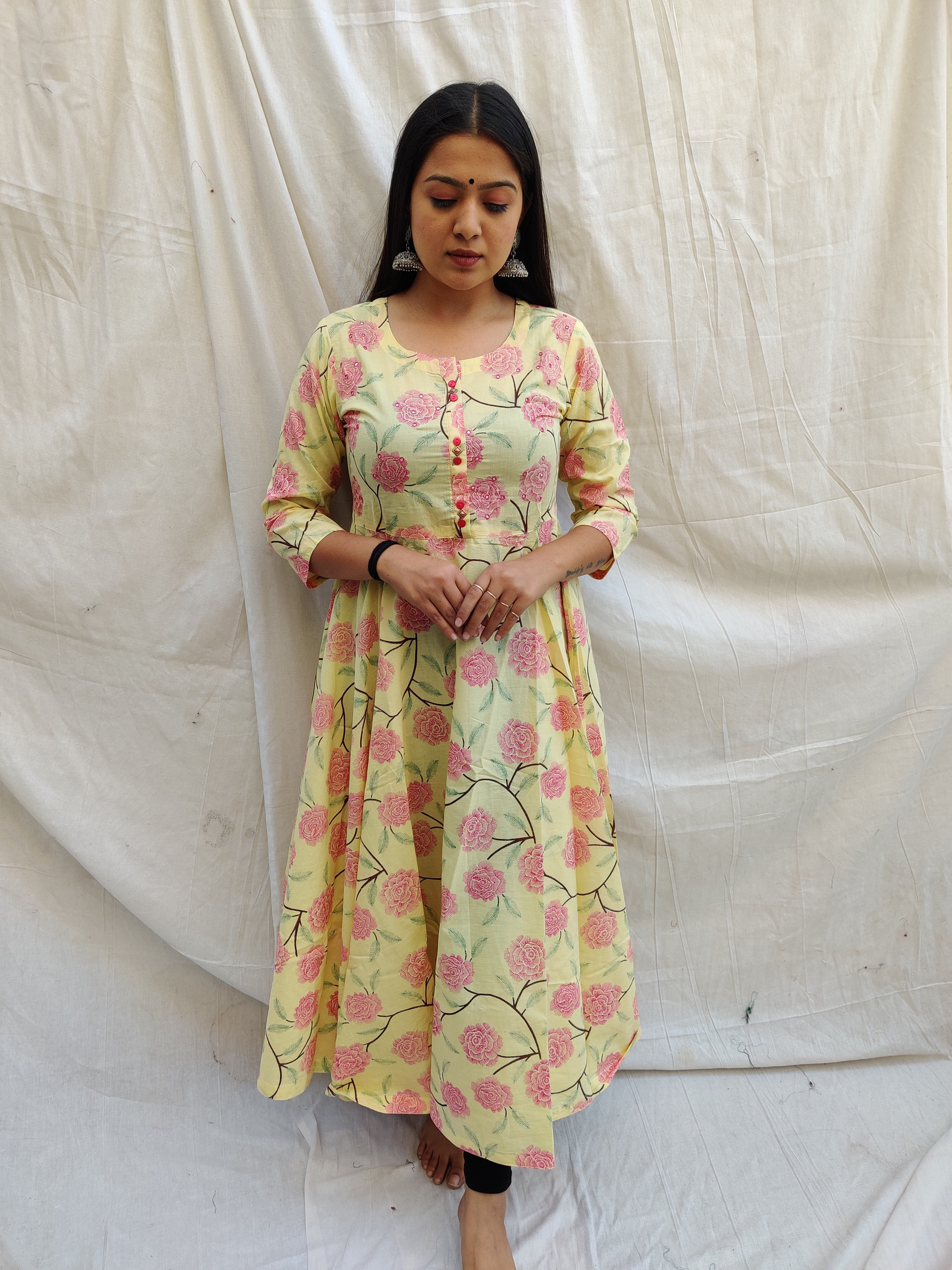 Floral Print Anarkali Kurti on Cotton Slub - Medium