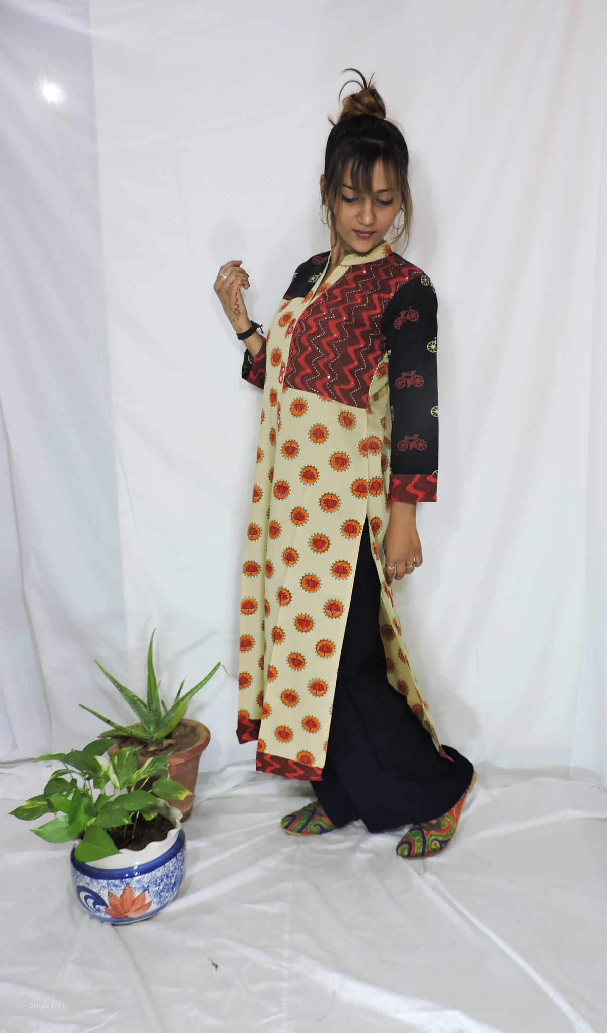 Knee Length Hand Block Print Kurti with Katha Hand work - XXL - 2XL