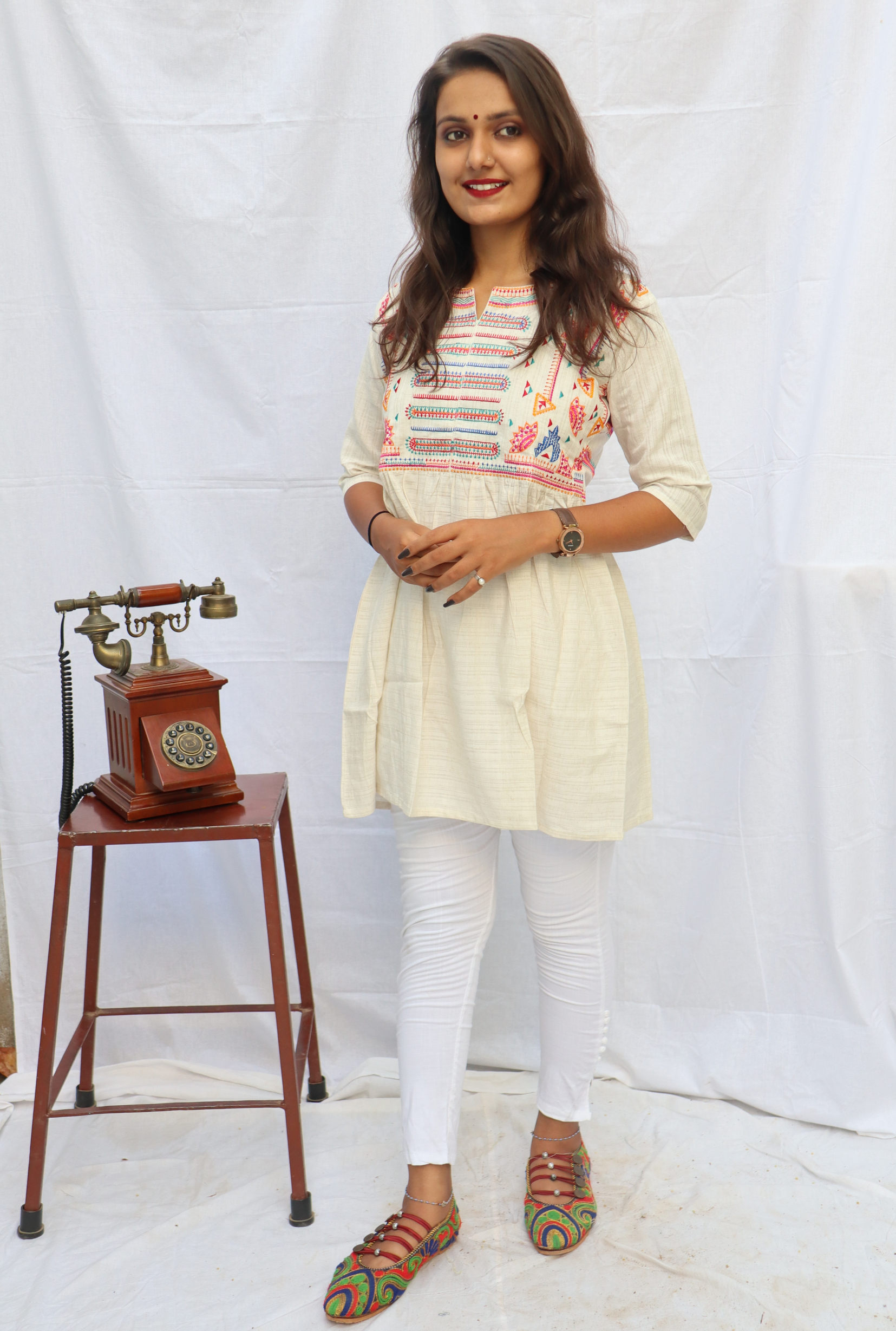Khadi Short Kurti with Handwork and Frills - 42