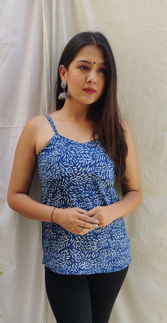 Indigo Spaghetti Hand block print Sleeveless Top - 38