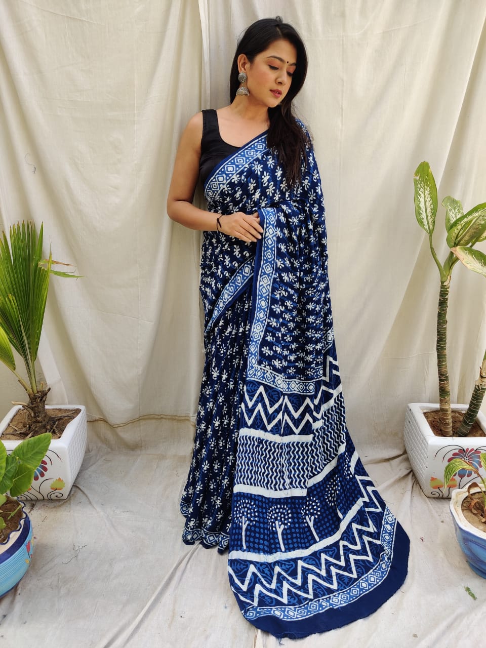 MODAL SILK HAND BLOCK PRINT SAREE WITH BLOUSE PIECE