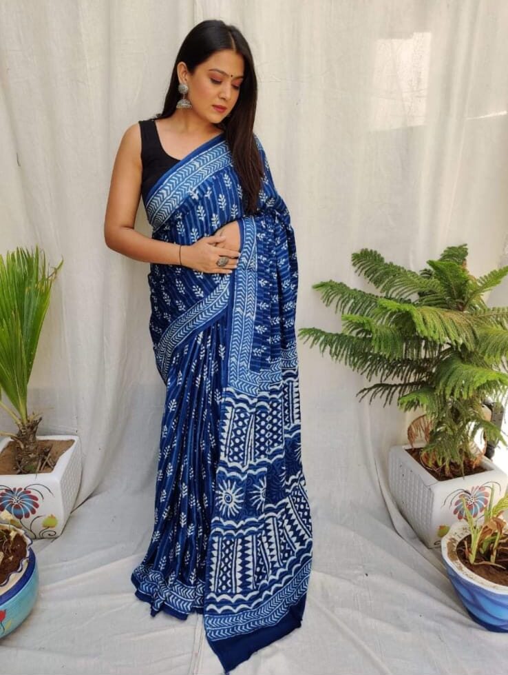 MODAL SILK HAND BLOCK PRINT SAREE WITH BLOUSE PIECE