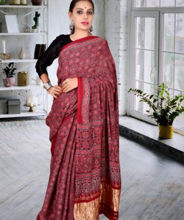 Handcrafted modal silk saree with traditional Ajrakh prints and Golden Border in vegetable dyes