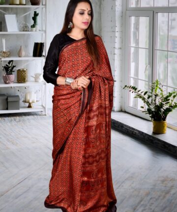 HANDCRAFTED MODAL SILK SAREE WITH TRADITIONAL AJRAKH PRINTS IN VEGETABLE DYES