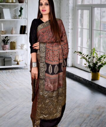 HANDCRAFTED MODAL SILK SAREE WITH TRADITIONAL AJRAKH PRINTS AND HAND WEAVING IN VEGETABLE DYES