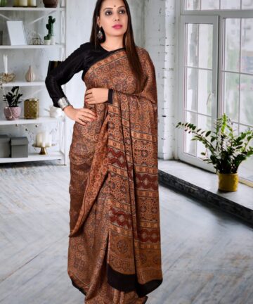 HANDCRAFTED MODAL SILK SAREE WITH TRADITIONAL AJRAKH PRINTS IN VEGETABLE DYES