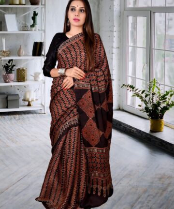 HANDCRAFTED MODAL SILK SAREE WITH TRADITIONAL AJRAKH PRINTS IN VEGETABLE DYES