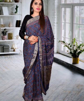 HANDCRAFTED MODAL SILK SAREE WITH TRADITIONAL AJRAKH PRINTS AND HAND WEAVING IN VEGETABLE DYES