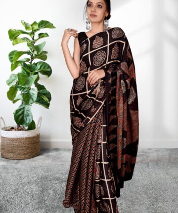 Handcrafted modal silk saree with traditional Ajrakh prints in vegetable dyes