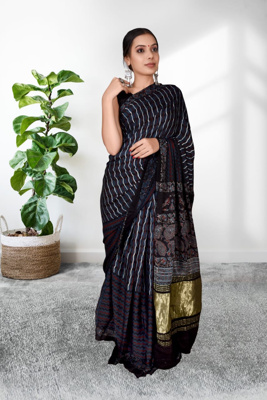 HANDCRAFTED MODAL SILK SAREE WITH TRADITIONAL AJRAKH PRINTS AND GOLDEN BORDER IN VEGETABLE DYES