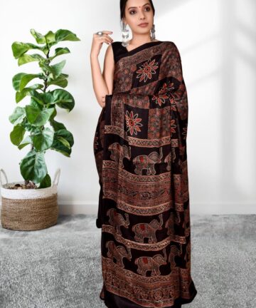 Handcrafted modal silk saree with traditional Ajrakh prints in vegetable dyes