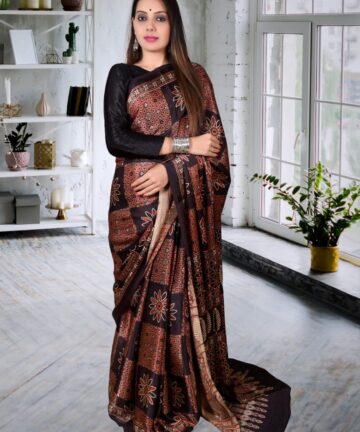 Handcrafted modal silk saree with traditional Ajrakh prints in vegetable dyes