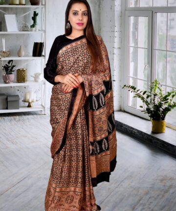 HANDCRAFTED MODAL SILK SAREE WITH TRADITIONAL AJRAKH PRINTS IN VEGETABLE DYES