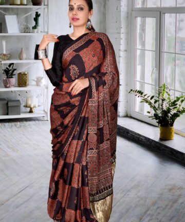 HANDCRAFTED MODAL SILK SAREE WITH TRADITIONAL AJRAKH PRINTS IN VEGETABLE DYES