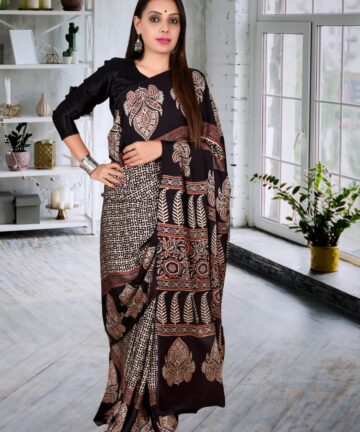 HANDCRAFTED MODAL SILK SAREE WITH TRADITIONAL AJRAKH PRINTS IN VEGETABLE DYES