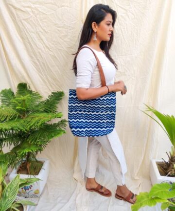 Hand made Indigo Bag with Leather Handle