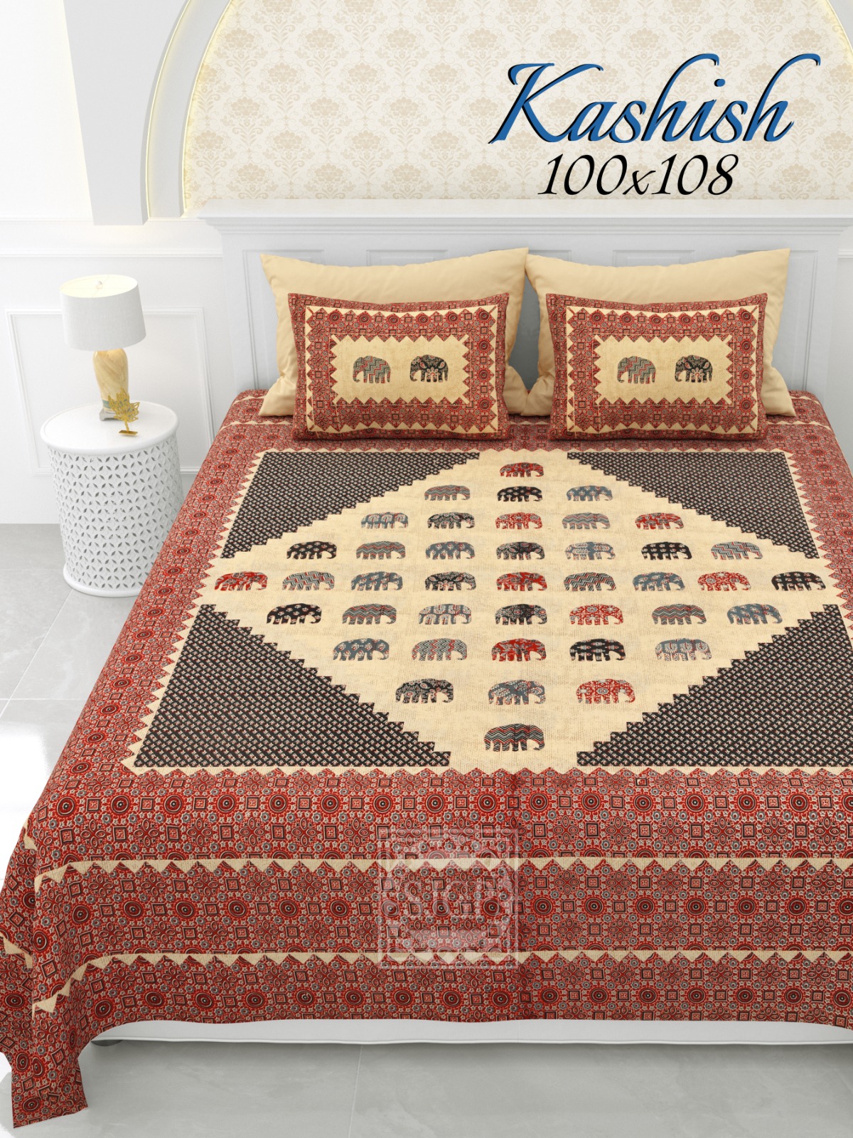 Traditional Elephant Handblock Print bedsheet 100 x 108 with pillow covers
