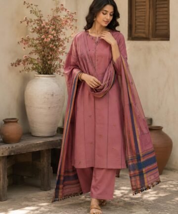 Handloom Kala cotton Dress material with mirror work and dupatta tassels