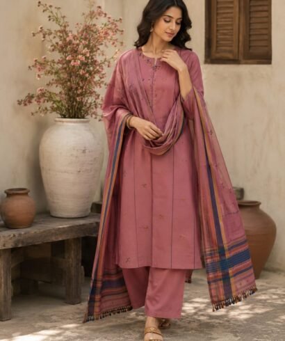 Handloom Kala cotton Dress material with mirror work and dupatta tassels