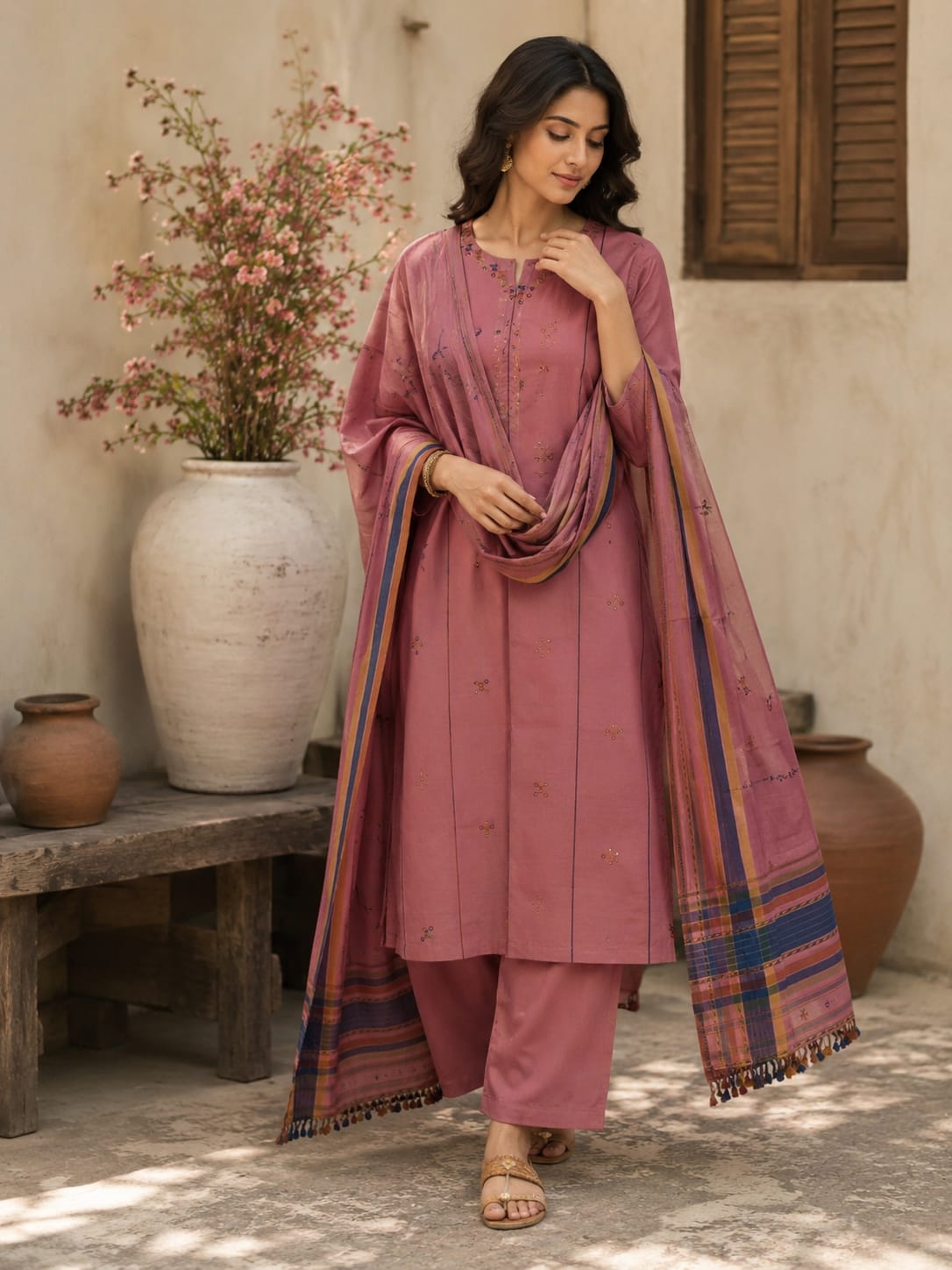 Handloom Kala cotton Dress material with mirror work and dupatta tassels