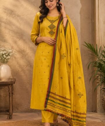 Handloom Kala cotton Dress material with mirror work and dupatta tassels_yellow